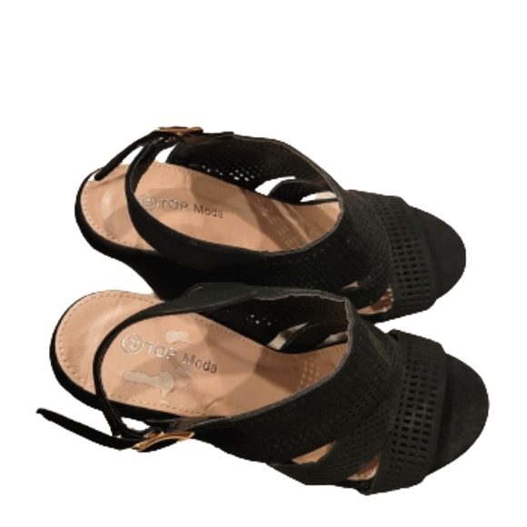 2/$18 Top Moda Black Suede Slingback Wedge Open Toe Heel 6.5 Buckle Open Back - Picture 3 of 8